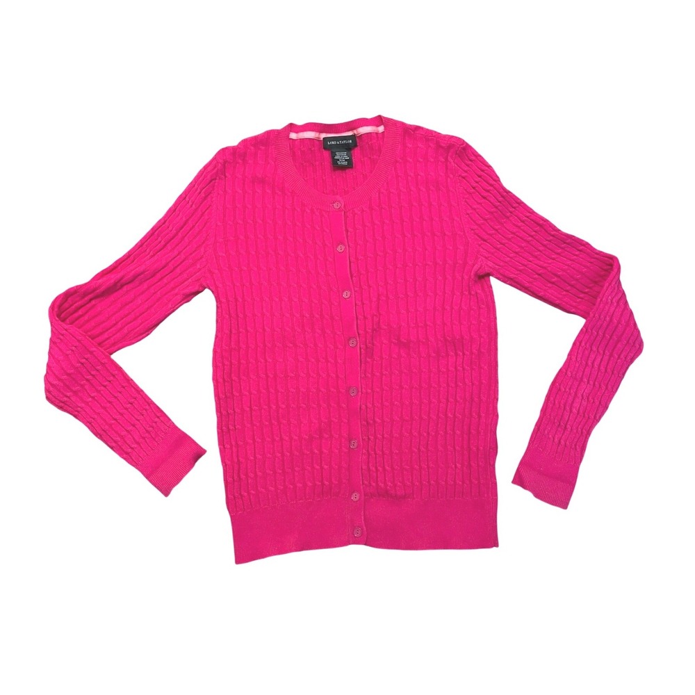 Lord & Taylor Cardigan Sweater Cotton Hot Pink Cable Knit Button Front Size M